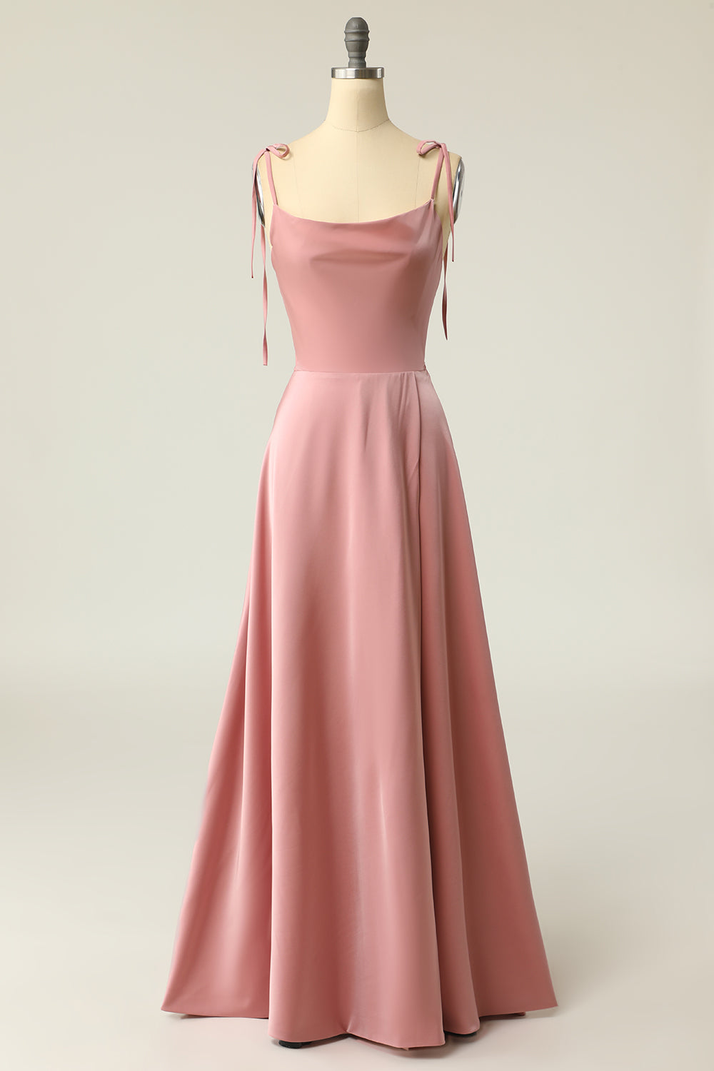 Blush Spaghetti Straps Long Prom Dress with Bowknot