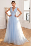 Light Blue Backless Long Prom Dress with Appliques