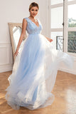 Light Blue Backless Long Prom Dress with Appliques