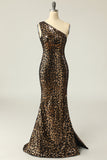 Mermaid One Shouler Dark Gold Sequins Prom Dress