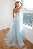 Light Blue Tulle Prom Dress With Appliques