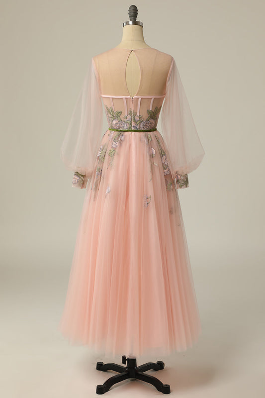 A Line Jewel Light Nude Long Prom Dress with Embroidery