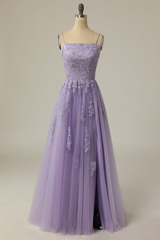 A Line Strapless Light Purple Long Prom Dress with Appliques