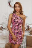 Fuchsia One Shoulder Sequins Backless Fitted Homecoming Dress