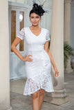 Sheath V Neck White Lace Mother of the Bride Dress
