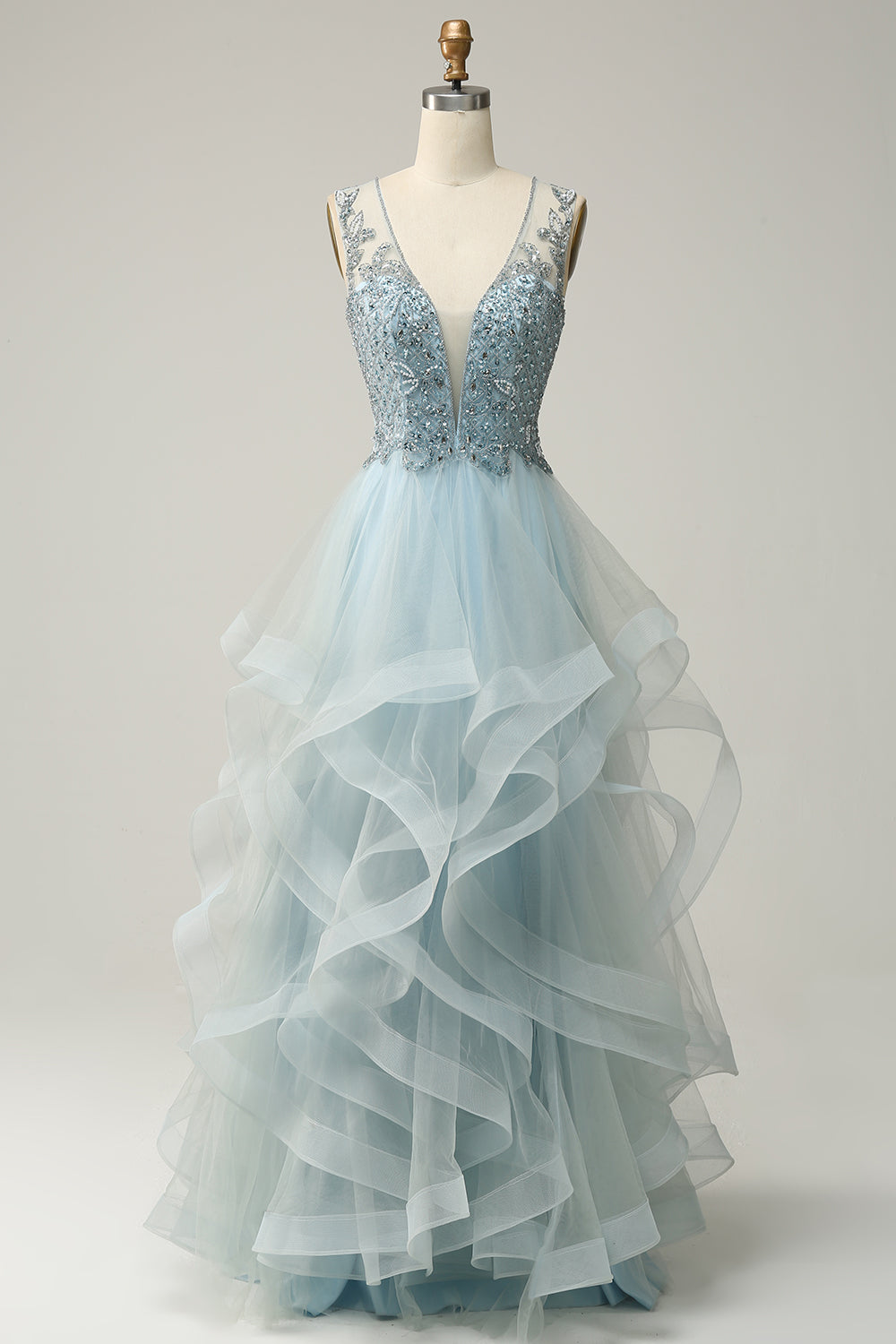 Beaded Light Blue V-Neck Tulle Prom Dress