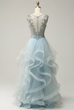 Beaded Light Blue V-Neck Tulle Prom Dress