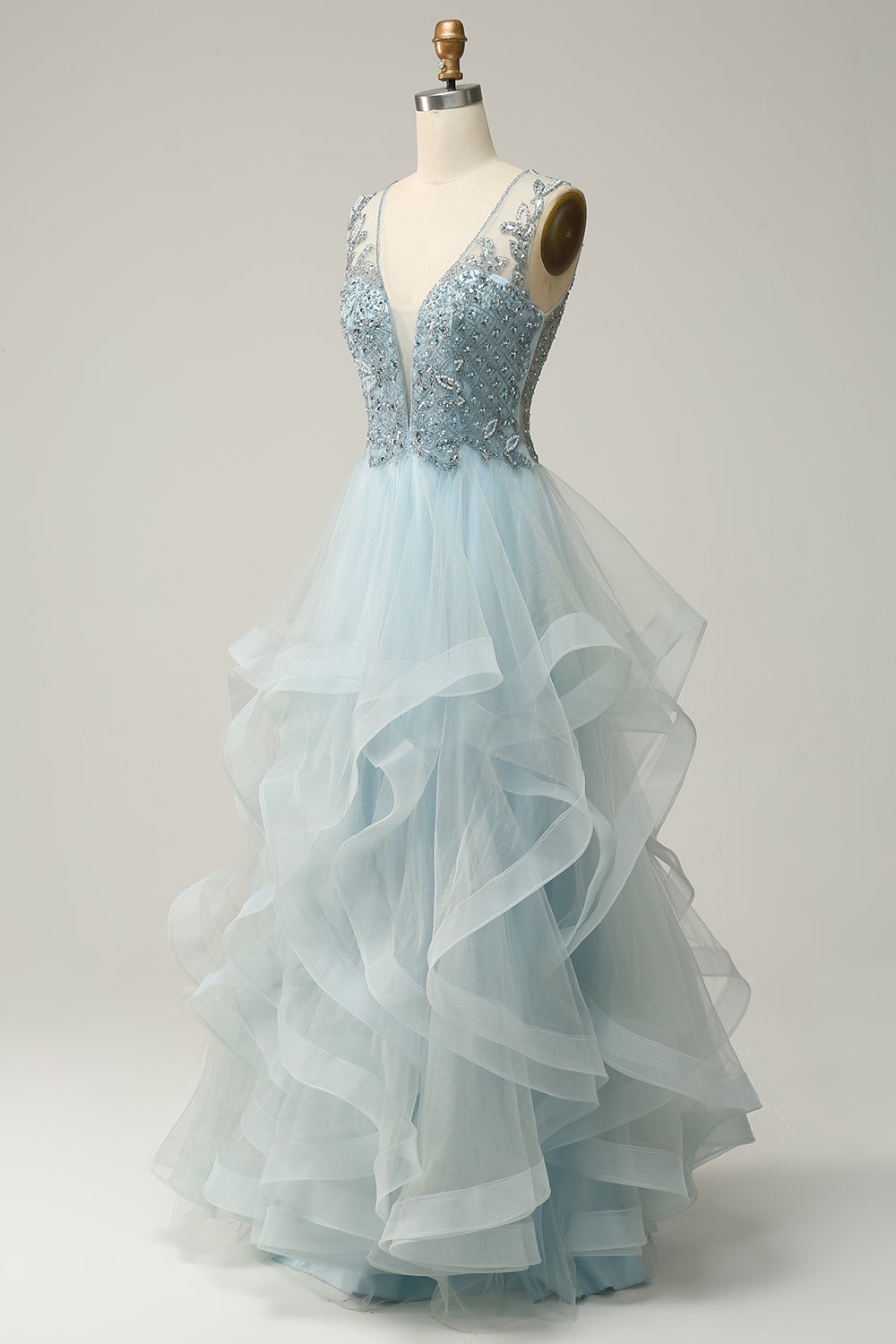 Beaded Light Blue V-Neck Tulle Prom Dress