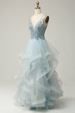 Beaded Light Blue V-Neck Tulle Prom Dress