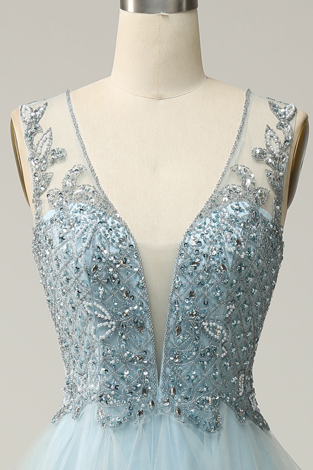 Beaded Light Blue V-Neck Tulle Prom Dress