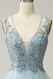 Beaded Light Blue V-Neck Tulle Prom Dress