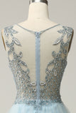 Beaded Light Blue V-Neck Tulle Prom Dress