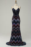 Navy Sequin Spagahetti Straps Prom Dress With Criss Cross Back