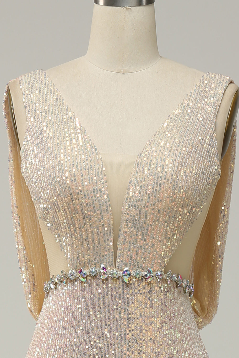 Champange Sequin Open Back Prom Dress