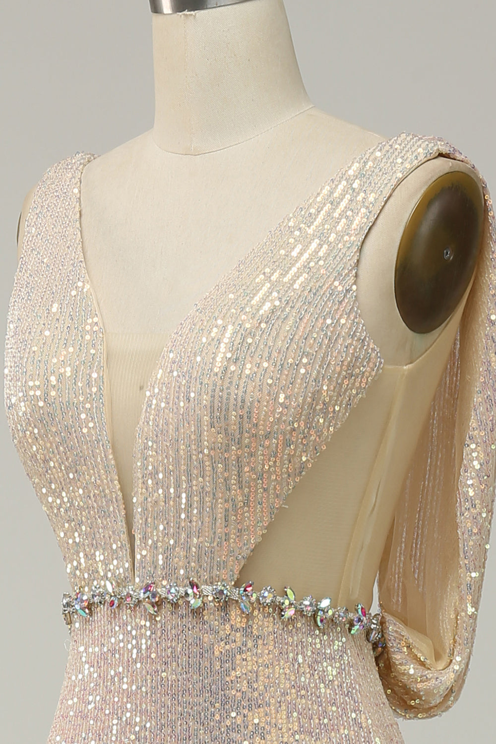 Champange Sequin Open Back Prom Dress