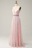 Pink Sequin Spaghetti Straps Prom Dress With Criss Cross Back