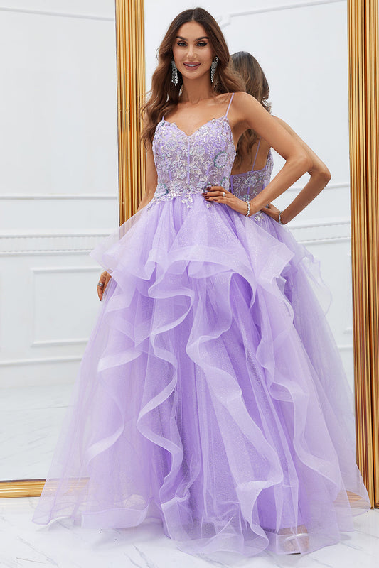 Glitter Purple Ruffled Corset Long Prom Dress with Lace