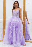 Glitter Purple Ruffled Corset Long Prom Dress with Lace