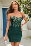 Sheath Off the Shoulder Dark Green Short Homecoming Dress with Appliques