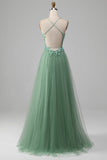 Sparkly Green A-Line Spaghetti Straps Corset Prom Dress With Appliques