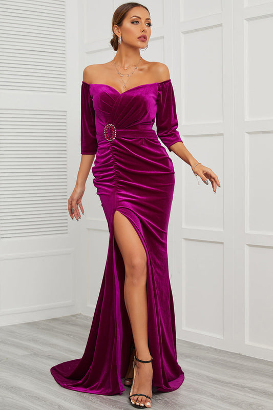 Mermaid Off the Shoulder Holiday Party Dress with Split Front