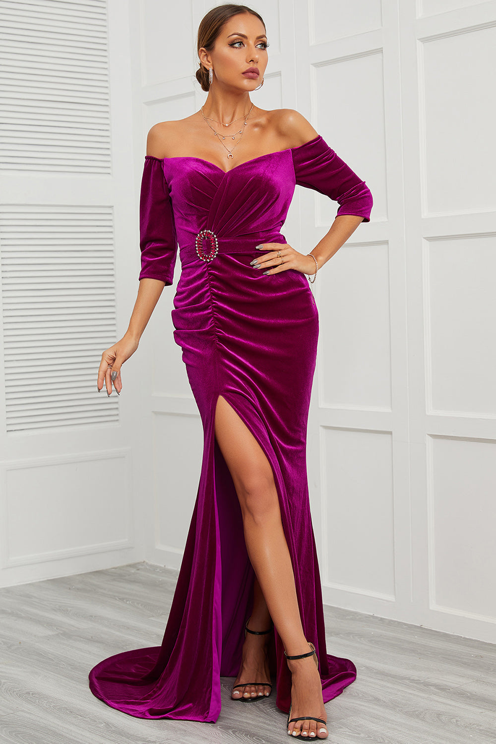 Mermaid Off the Shoulder Holiday Party Dress with Split Front