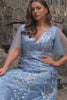 Grey Blue Tulle Embroidered Leaves Prom Dress