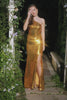 Golden Sequins One Shoulder Long Sparkly Prom Dress with Slit