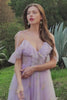 A-Line V-Neck Spaghetti Straps Embroidery Lavender Slit Prom Dress