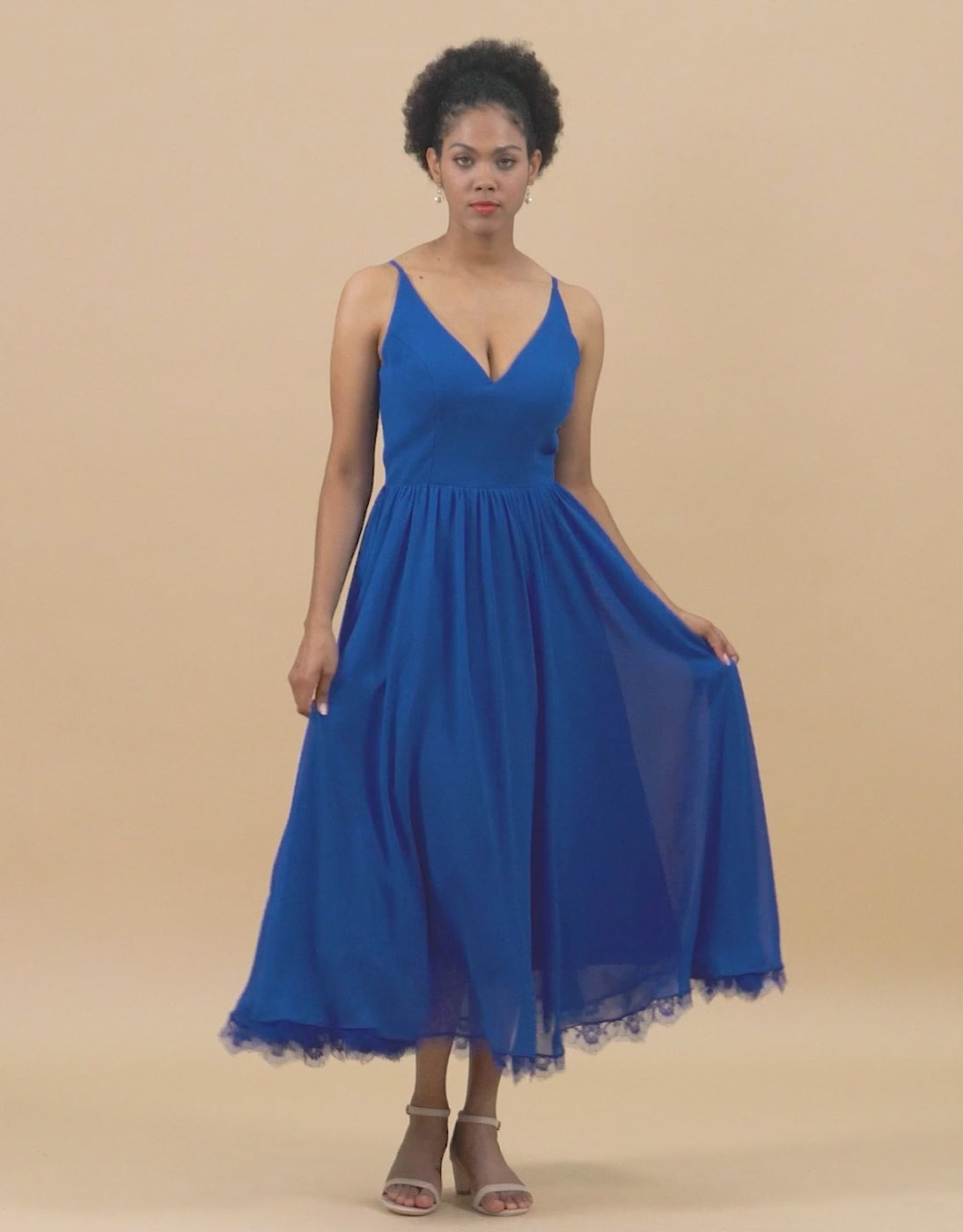 V-neck Royal Blue Ankle-Length Chiffon Bridesmaid Dress
