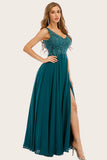 Turquoise Chiffon Long Prom Dress with Beading
