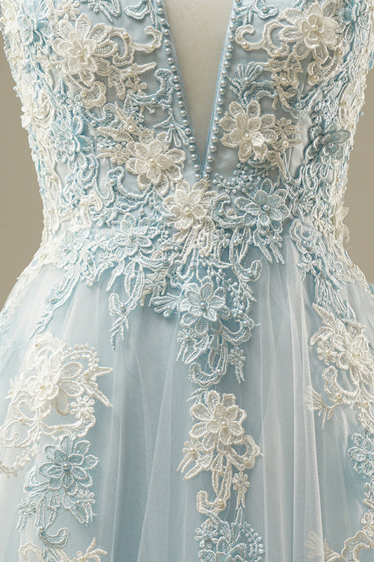 A-line Light Blue Tulle Prom Dress