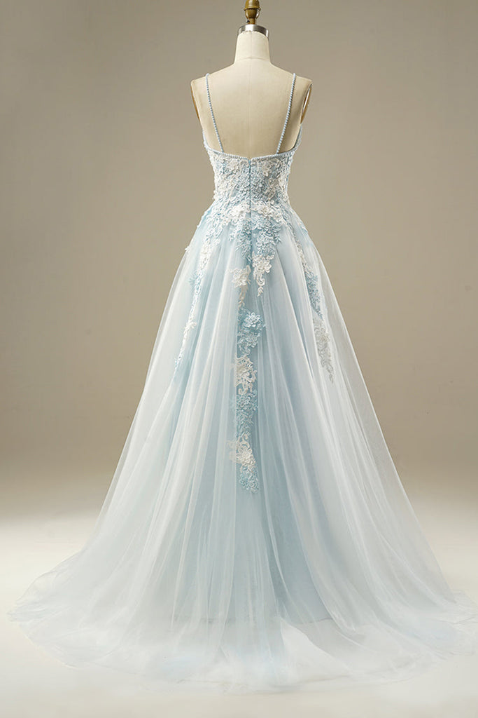 Light Blue Tulle Appliques Plunge V A-Line Long Prom Dress VK23122404