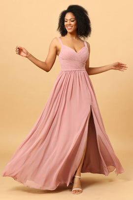 A Line Blush Long Bridesmaid Dress with Split Front