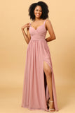 A Line Blush Long Bridesmaid Dress with Split Front