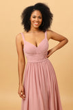A Line Blush Long Bridesmaid Dress with Split Front