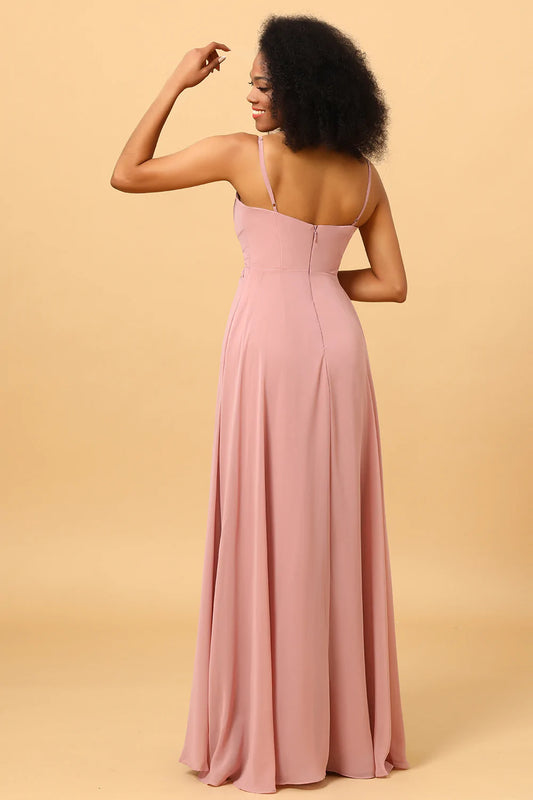 A Line Spaghetti Straps Blush Long Bridesmaid Dress with Split Front