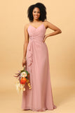 A Line Spaghetti Straps Blush Long Bridesmaid Dress with Split Front