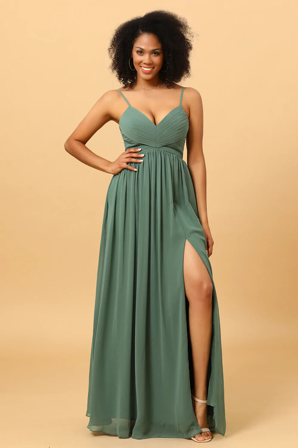 A Line Spaghetti Straps Eucalyptus Long Bridesmaid Dress with Split Front