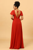 A Line V Neck Rust Long Bridesmaid Dress with Short Sleeves