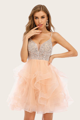 Pink Beaded Short Homecoming Dress