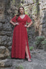 A Line V Neck Red Lace Plus Size Prom Dress with Split Front