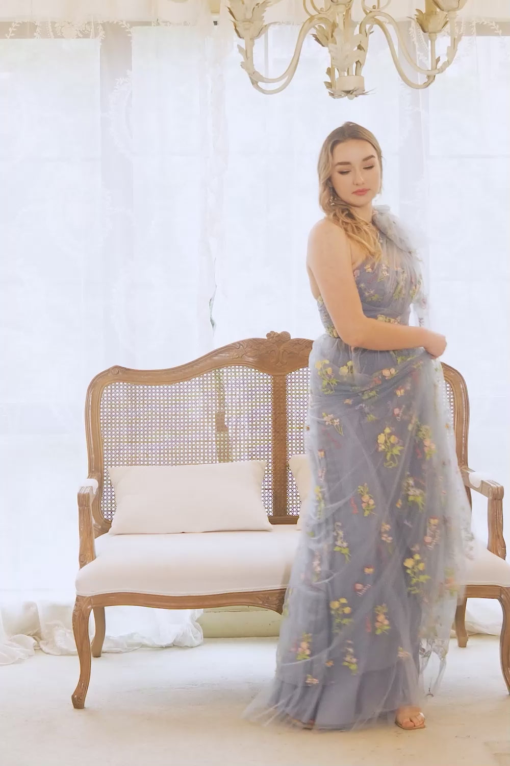 A-Line Grey Blue Long Prom Dress With Embroidery