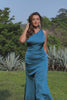 One Shoulder Peacock Blue Sheath Long Prom Dress