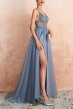 Spaghetti Straps Grey Pink Long Formal Dress With Slit