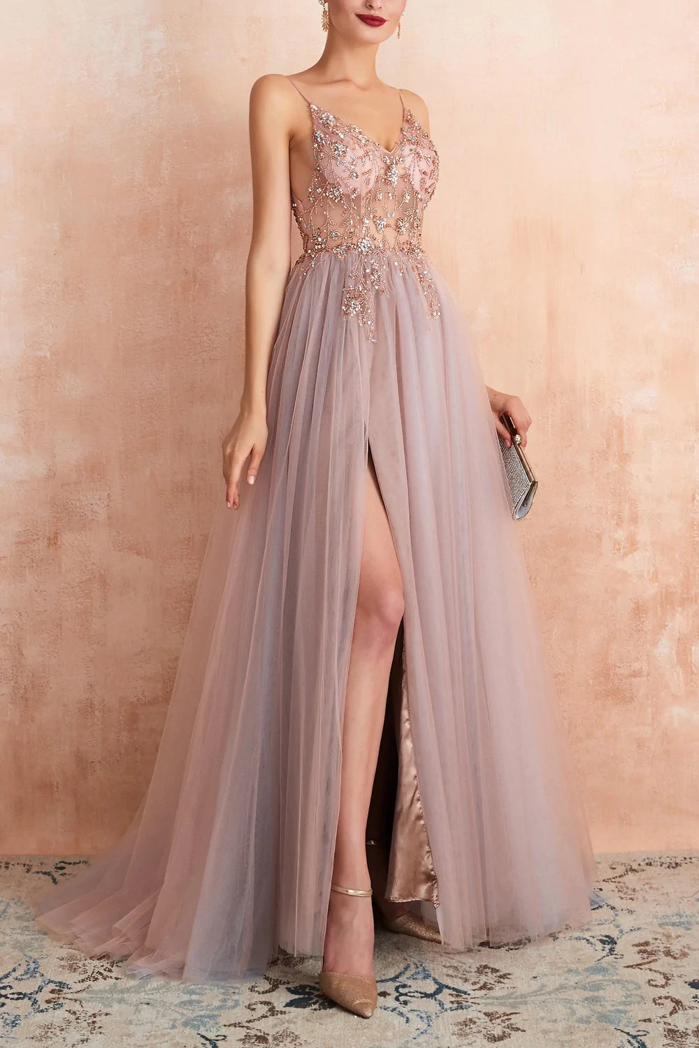 Spaghetti Straps Grey Pink Long Formal Dress With Slit