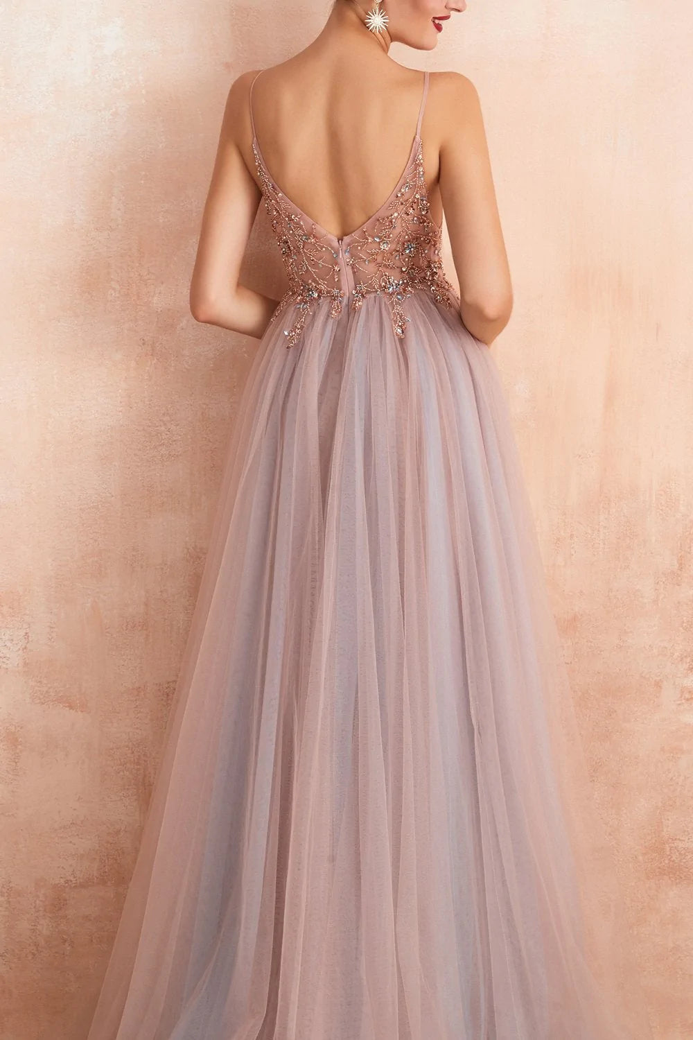 Spaghetti Straps Grey Pink Long Formal Dress With Slit