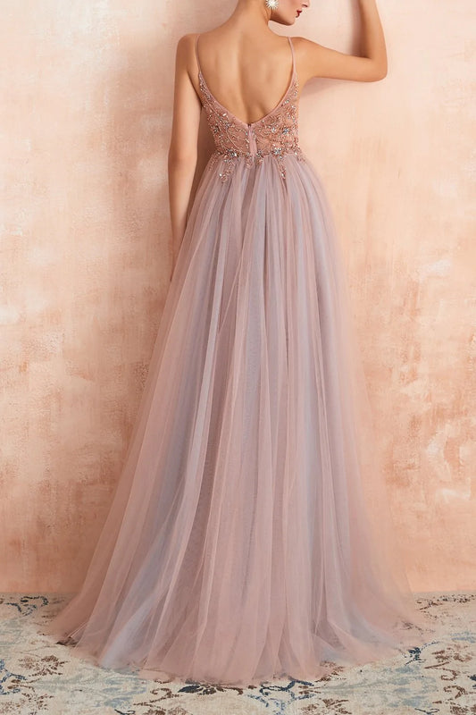 Spaghetti Straps Grey Pink Long Formal Dress With Slit