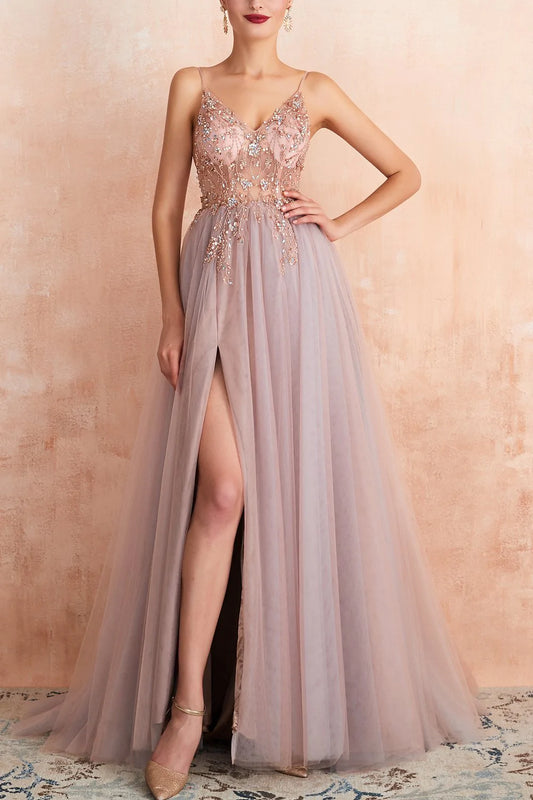 Spaghetti Straps Grey Pink Long Formal Dress With Slit