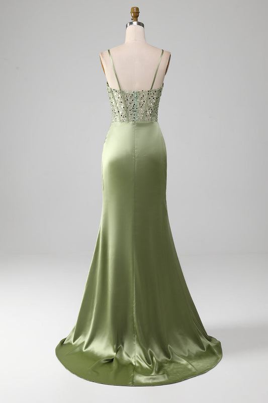 Mermaid Spaghetti Straps Sage Corset Prom Dress with Split Front